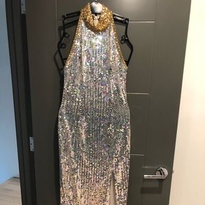 Gold collar silver sequin halter split evening